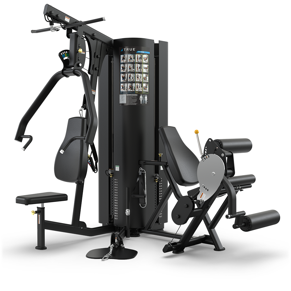 A multi-station gym machine with padded seats, adjustable weights, and various attachments designed for strength training exercises, including chest press, leg extension, and lat pulldown, against a plain background.