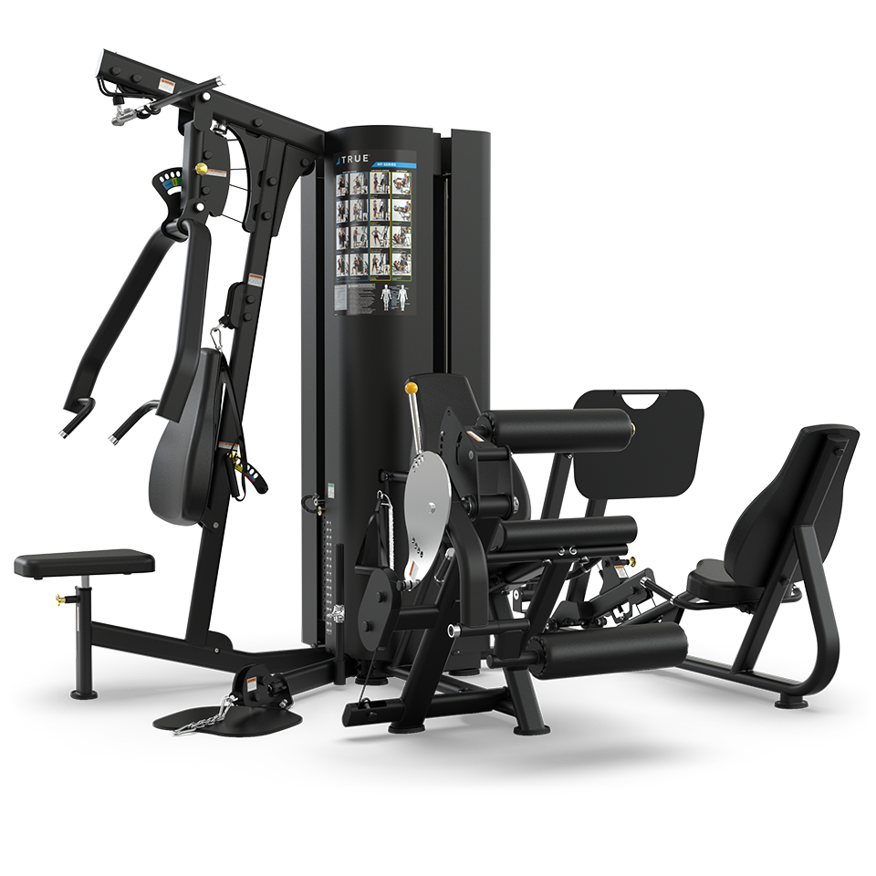 A sleek, black multi-station gym machine with various attachments for strength training exercises, including a leg press, seated row, chest press, and instructional guide displayed on the central unit.
