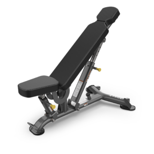 Adjustable black and gray workout bench with padded seat and backrest on a sturdy metal frame, positioned at an incline against a plain white background.