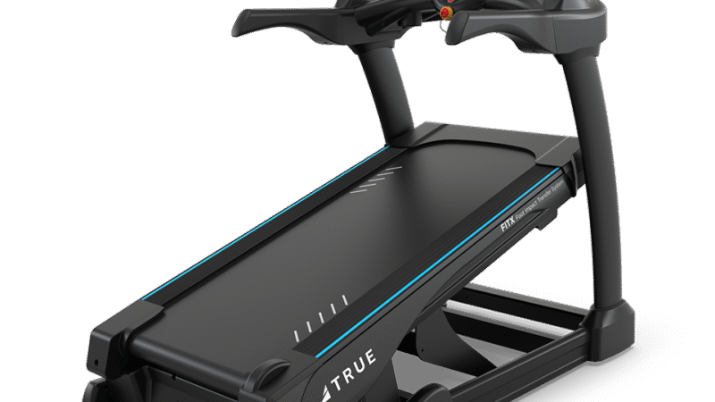 A modern black treadmill with a blue accent line, touchscreen display, and sturdy handles on both sides, designed for home or gym use.