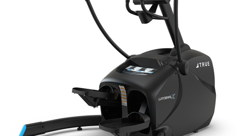 A black elliptical exercise machine with a digital display screen, moving handlebars, and blue accents on the base, shown on a white background.