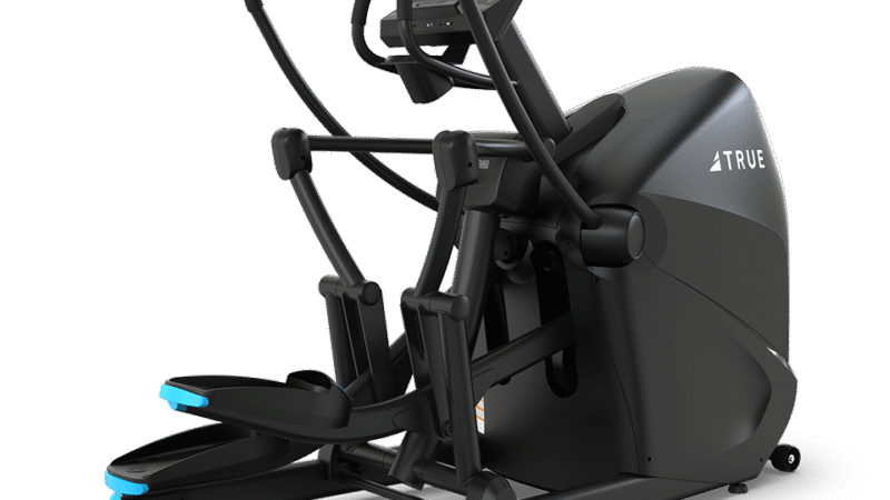 A black elliptical exercise machine with a digital display screen and moving handlebars, featuring blue accents on the foot pedals and frame, set against a white background.