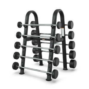 A black, A-frame rack holding multiple fixed-weight barbells, organized on horizontal bars. Each barbell has round weights on both ends. The rack is set against a plain white background.