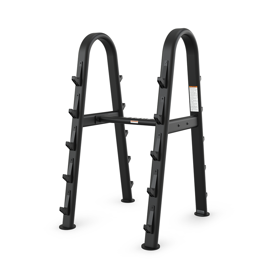 A black, metal, four-legged squat rack with multiple height-adjustable hooks on both sides for holding a barbell, set against a plain white background.