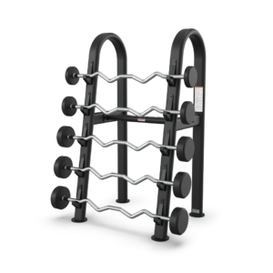 A black metal rack holding five silver zigzag (EZ curl) barbells with fixed round weights of varying sizes, arranged horizontally on multiple tiers, against a plain white background.