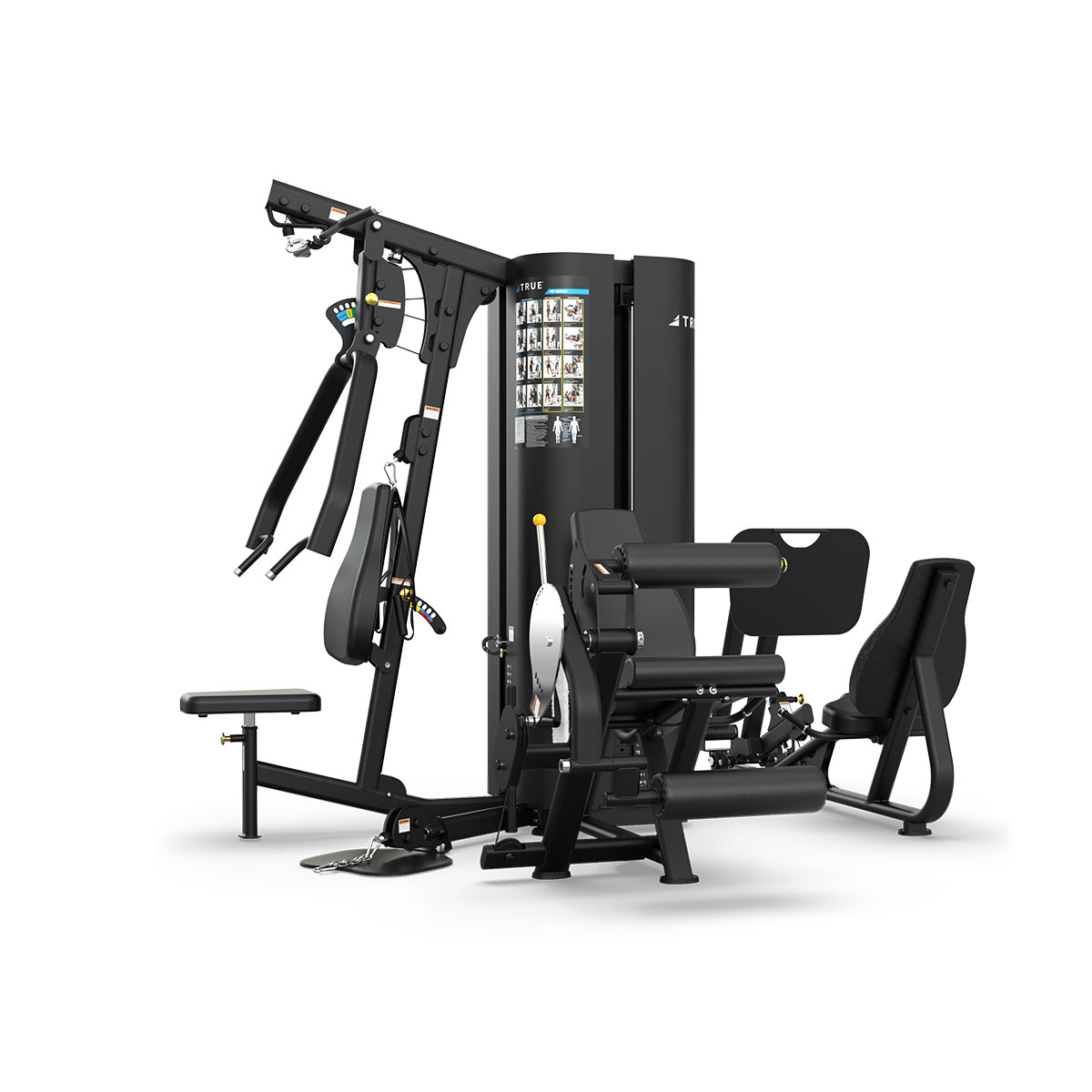 A multi-station gym machine with various attachments for strength training, including a chest press, leg extension, leg press, and lat pulldown, shown on a white background.