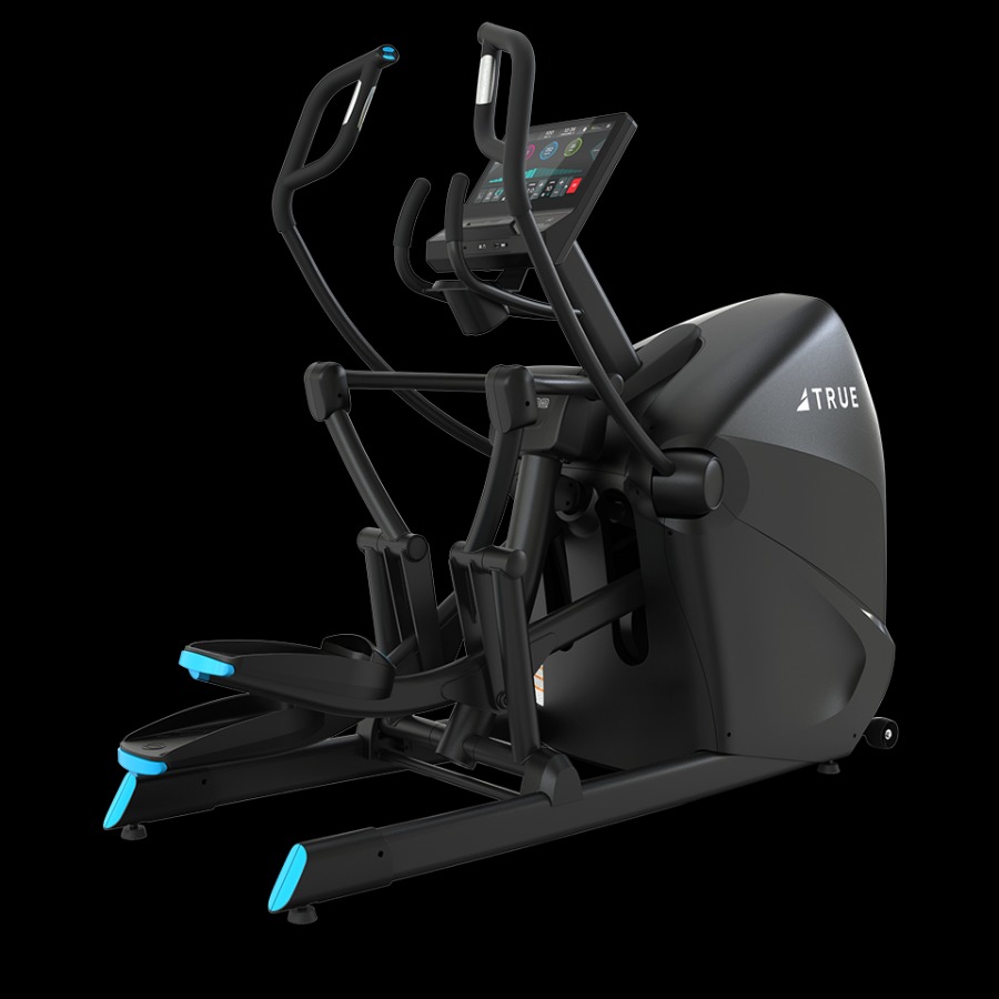 TRUE Fitness elliptical machine featuring a black frame, curved moving handlebars, and a large touchscreen console.